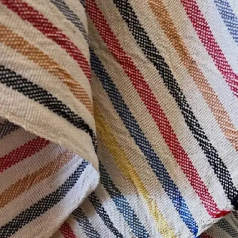 Striped Multicolor Tablecloth Hand Tied Tassels Hand Loom Weave Linen NEW